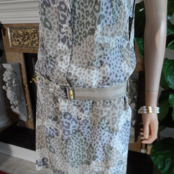 New Gucci 100% Silk Beige Leopard Print Drop-Waist Belted Sheath Dress Size 40-4 - Picture 7 of 16